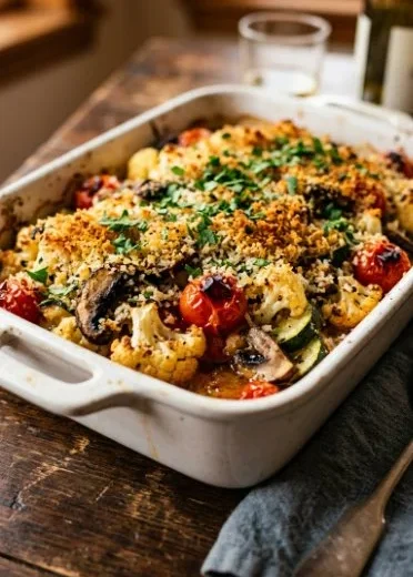 Baked vegetable casserole with colorful veggies and cheesy topping