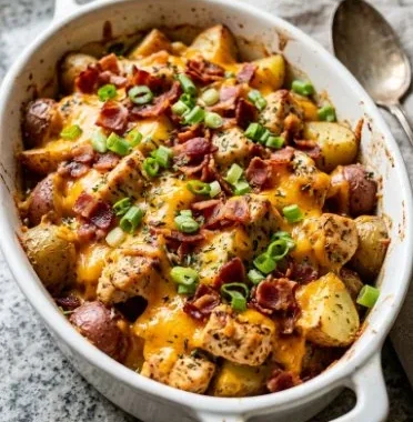 BBQ Chicken Potato Casserole 2 BBQ chicken potato casserole served in a dish with melted cheese and toppings