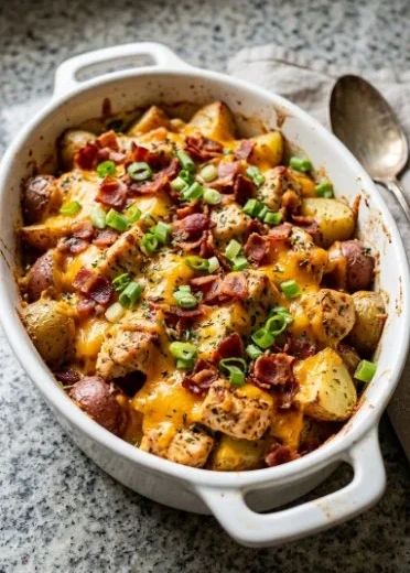 BBQ chicken potato casserole served in a dish with melted cheese and toppings