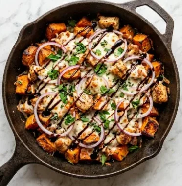 BBQ Chicken Sweet Potato Skillet – Easy Healthy One Skillet Dinner 2 BBQ Chicken Sweet Potato Skillet served in a vibrant skillet