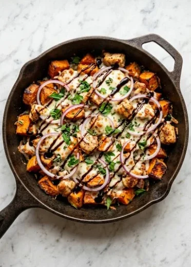 BBQ Chicken Sweet Potato Skillet served in a vibrant skillet