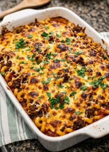 Delicious Beef Stroganoff Casserole topped with creamy sauce and beef served in a baking dish.