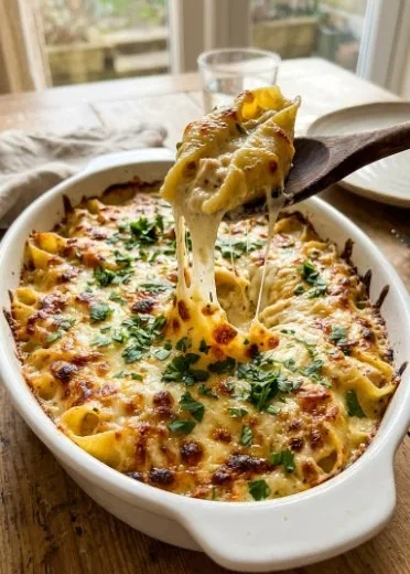 Delicious Baked Chicken Alfredo Stuffed Shells topped with cheese and herbs