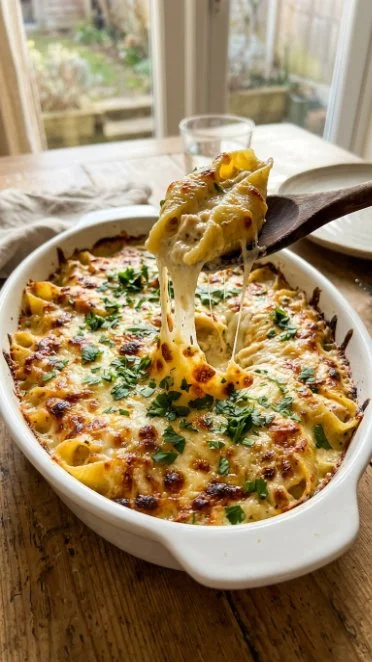 Delicious Baked Chicken Alfredo Stuffed Shells topped with cheese and herbs