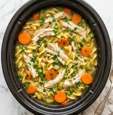 Bowl of the best Crock Pot chicken noodle soup with vegetables and noodles.