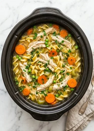 Bowl of the best Crock Pot chicken noodle soup with vegetables and noodles.
