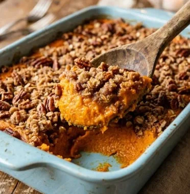 Delicious sweet potato casserole topped with marshmallows and pecans