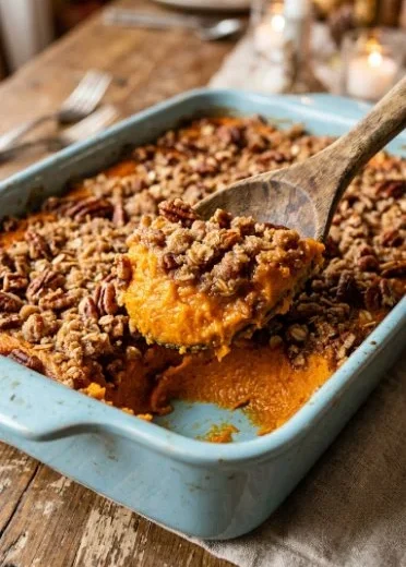 Delicious sweet potato casserole topped with marshmallows and pecans