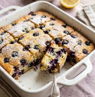 Blueberry Lemon Ricotta Pancake Bake served in a baking dish
