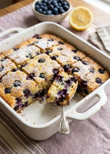 Blueberry Lemon Ricotta Pancake Bake served in a baking dish