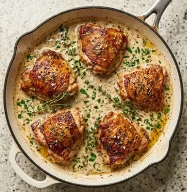 Bobby Flay's chicken thighs with creamy garlic sauce served on a plate