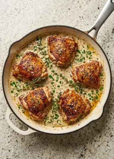 Bobby Flay's chicken thighs with creamy garlic sauce served on a plate