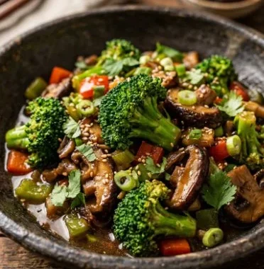 Healthy broccoli mushroom stir fry recipe ready to serve