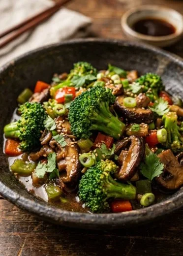 Healthy broccoli mushroom stir fry recipe ready to serve
