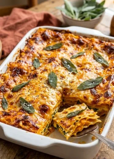 Gluten and dairy free butternut squash lasagna with layers of veggies and sauce.