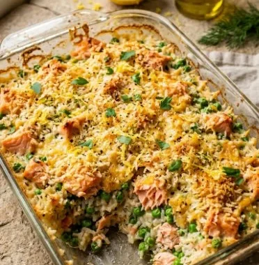 Canned Salmon Casserole 2 Delicious canned salmon casserole served in a dish with toppings