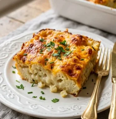 Creamy cauliflower bake topped with cheese and breadcrumbs.