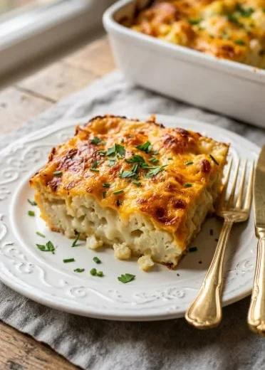 Creamy cauliflower bake topped with cheese and breadcrumbs.