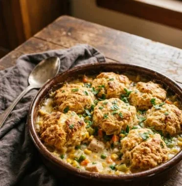 Delicious Cheddar Bay Chicken Pot Pie Casserole topped with flaky biscuit crust