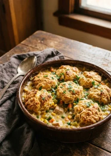 Delicious Cheddar Bay Chicken Pot Pie Casserole topped with flaky biscuit crust