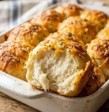 Warm cheddar garlic dinner rolls served in a basket for dinner.