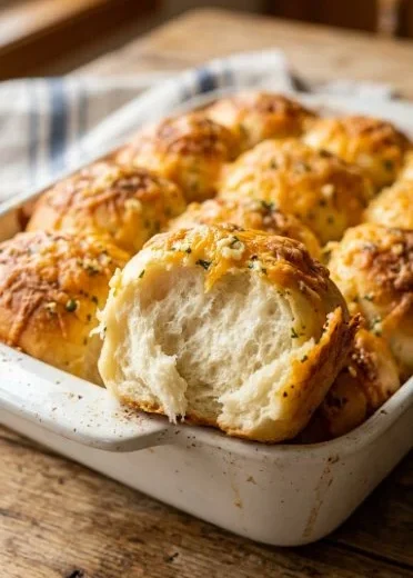 Warm cheddar garlic dinner rolls served in a basket for dinner.