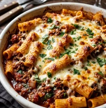 Cheesy beef rigatoni dish served in a bowl with melted cheese on top