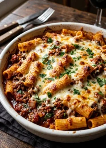 Cheesy beef rigatoni dish served in a bowl with melted cheese on top