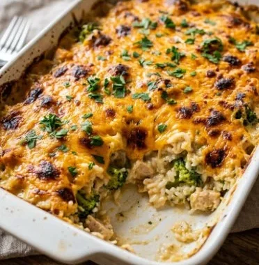 Cheesy chicken broccoli rice casserole topped with melted cheese on a baking dish.