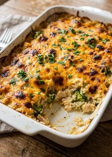 Cheesy chicken broccoli rice casserole topped with melted cheese on a baking dish.