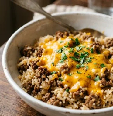 Cheesy Ground Beef and Rice Casserole 1 Cheesy ground beef and rice casserole served in a baking dish