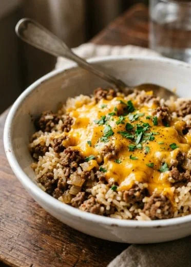 Cheesy ground beef and rice casserole served in a baking dish