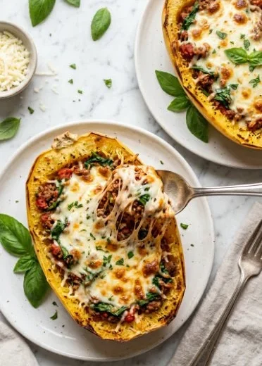 Cheesy lasagna boats filled with rich meat and cheese, garnished with herbs