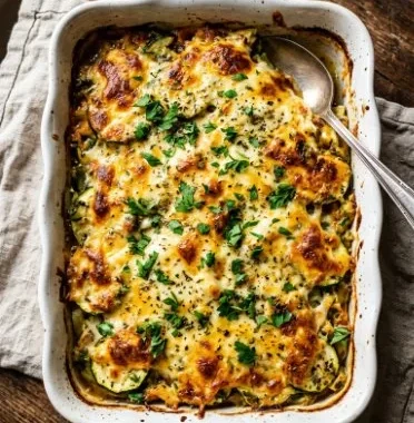 Cheesy zucchini squash casserole with melted cheese and fresh herbs