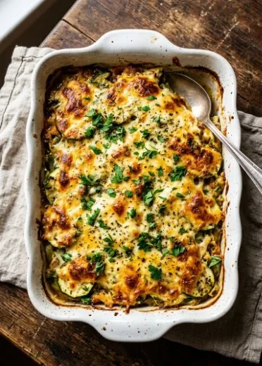 Cheesy zucchini squash casserole with melted cheese and fresh herbs