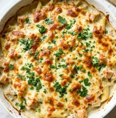 Creamy Chicken Alfredo Pasta Casserole topped with cheese and herbs