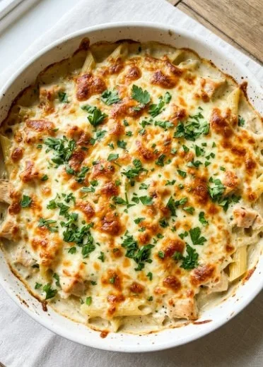 Creamy Chicken Alfredo Pasta Casserole topped with cheese and herbs