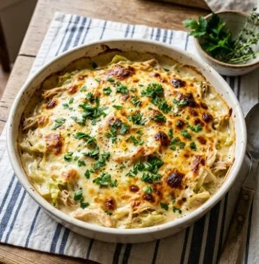 Chicken and Cabbage Alfredo Bake 2 Delicious Chicken Alfredo Bake with cabbage in a creamy sauce
