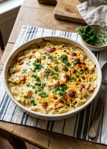 Delicious Chicken Alfredo Bake with cabbage in a creamy sauce