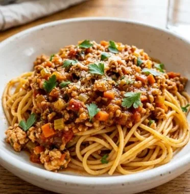 Chicken Bolognese Sauce Recipe 2 Delicious Chicken Bolognese Sauce served over pasta in a bowl.
