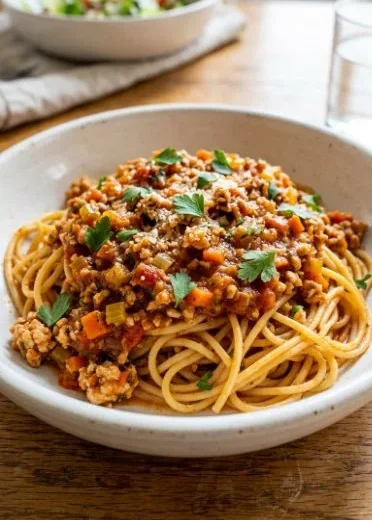 Delicious Chicken Bolognese Sauce served over pasta in a bowl.
