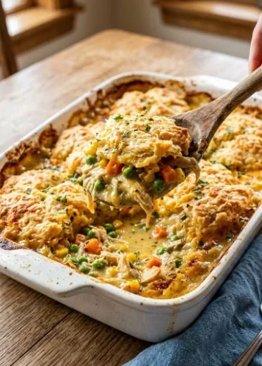 Delicious Chicken Cobbler topped with Red Lobster Biscuit Mix