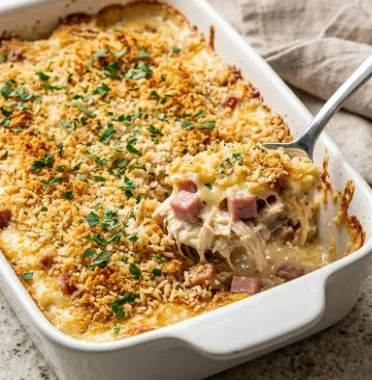 Delicious Chicken Cordon Bleu Casserole prepared with cheese and ham