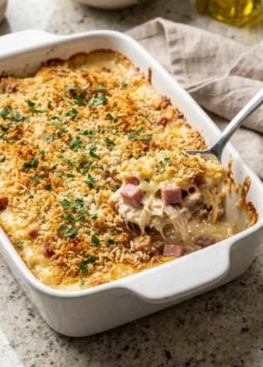 Delicious Chicken Cordon Bleu Casserole prepared with cheese and ham