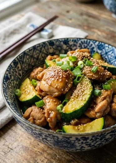 A colorful Chicken Zucchini Stir Fry with vibrant vegetables in a skillet.
