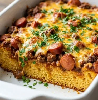 Chili Cheese Dog Casserole topped with melted cheese and chili in a baking dish.