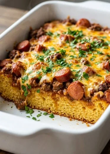 Chili Cheese Dog Casserole topped with melted cheese and chili in a baking dish.