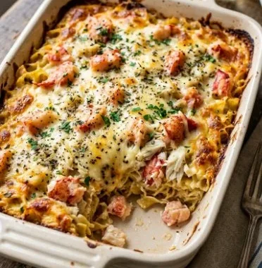 Delicious Chinese Baked Lobster and Crab Casserole served in a dish