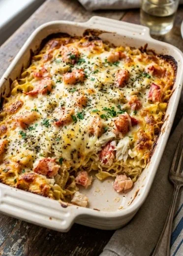 Delicious Chinese Baked Lobster and Crab Casserole served in a dish