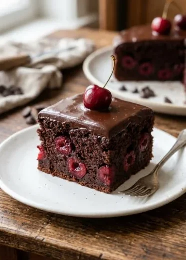 Delicious Chocolate Cherry Cake with rich chocolate frosting and cherry topping